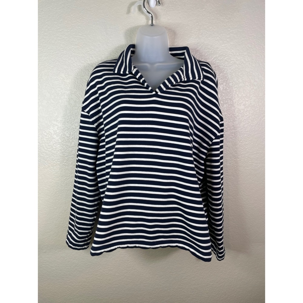 Duluth Trading Co Womens L Sweatshirt Navy Blue Striped Zip Pocket Nautical